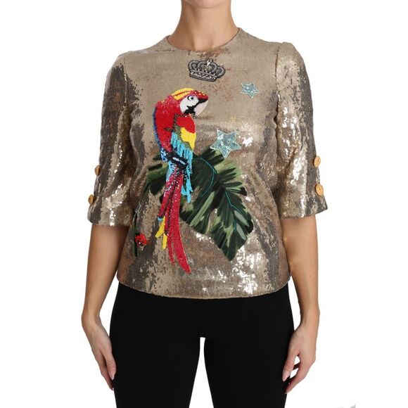 Dolce & Gabbana Sequin Parrot Embroidered Top Women Gold Tops & T-Shirts - Picture 1 of 6